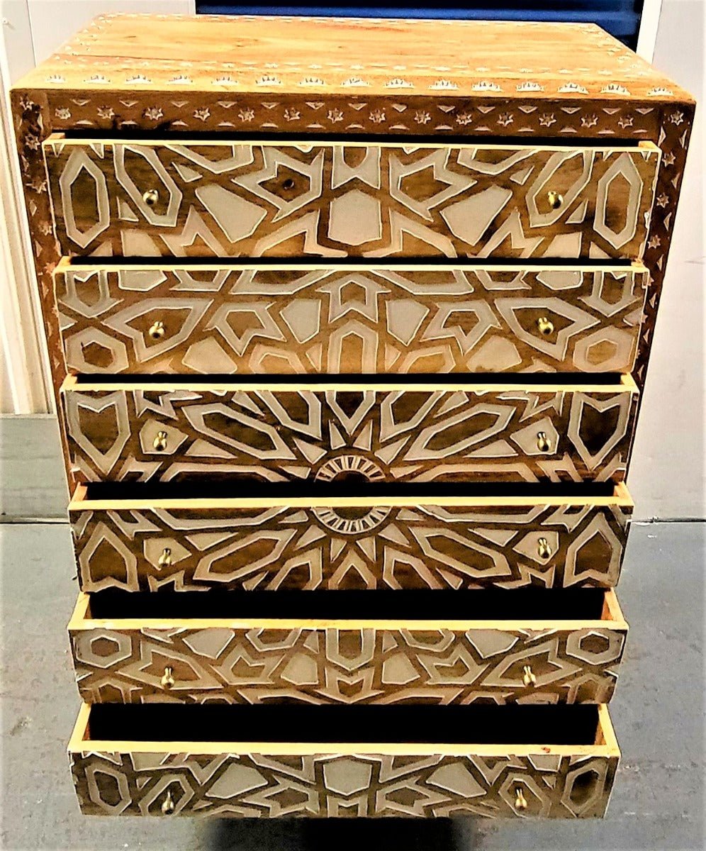 Mughal Garden Geometrical Carved Natural 2 Tone 6 Drawer Chest – handcrafted solid wood furniture