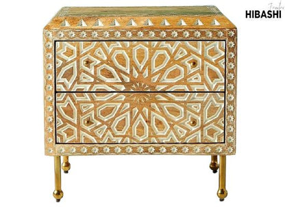 Mughal Garden Geometrical Carved Natural 2 Tone Bedside / Nightstand by Hibashi Furniture – handcrafted solid wood furniture made in India