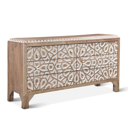 Mughal Garden Geometrical Hand Carved Natural 6 Drawers 2 Tone Dresser – handcrafted solid wood furniture