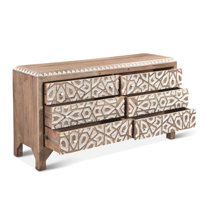 Mughal Garden Geometrical Hand Carved Natural 6 Drawers 2 Tone Dresser – handcrafted solid wood furniture