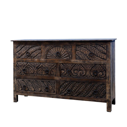 Mughal Garden Indian Hand Carved Reclaimed Wood 7 Drawer Rustic Dresser - HF Commercial Furniture