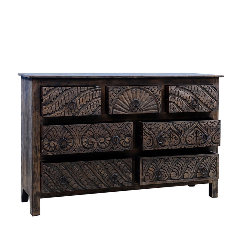 Mughal Garden Indian Hand Carved Reclaimed Wood 7 Drawer Rustic Dresser