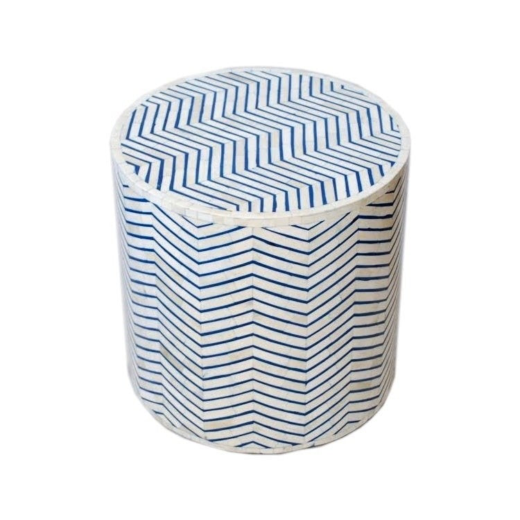 Zigzag Bone Inlay Round Drum Side and End Table - Size L