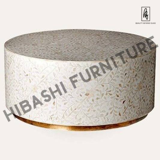 BONE INLAY BRASS ROUND DRUM COFFEE TABLE