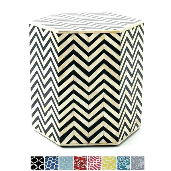 BONE INLAY HEXAGONAL DRUM SIDE TABLE - LARGE-Mother of Pearl-Red-Floral