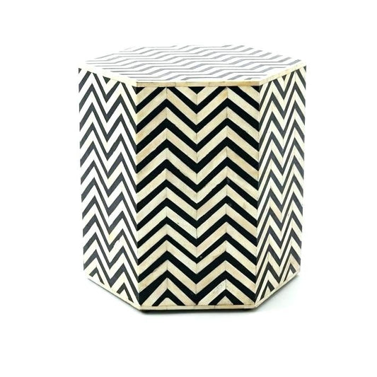 BONE INLAY HEXAGONAL DRUM SIDE TABLE - LARGE-Mother of Pearl-Red-Floral