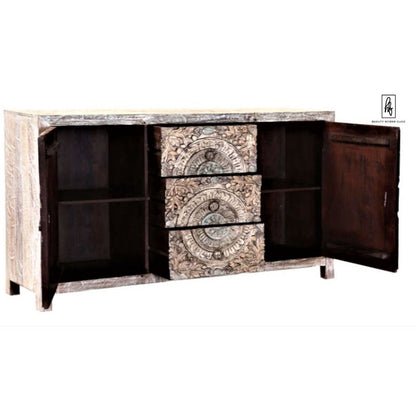 Oring Hand - Carved Solid Mango Wood Buffet Table – Indian - Style Carved Sideboard – handcrafted solid wood furniture