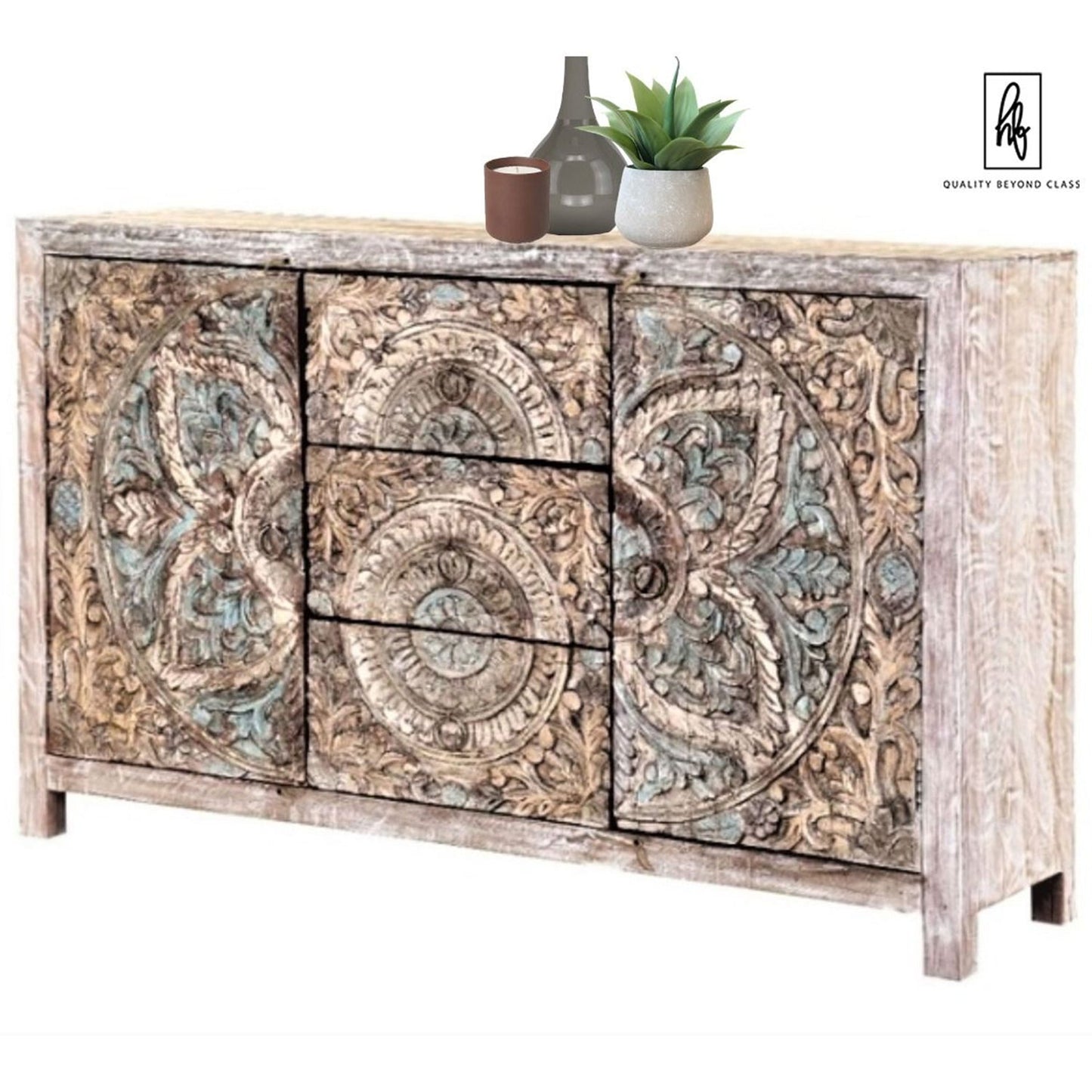 Oring Hand - Carved Solid Mango Wood Buffet Table – Indian - Style Carved Sideboard – handcrafted solid wood furniture