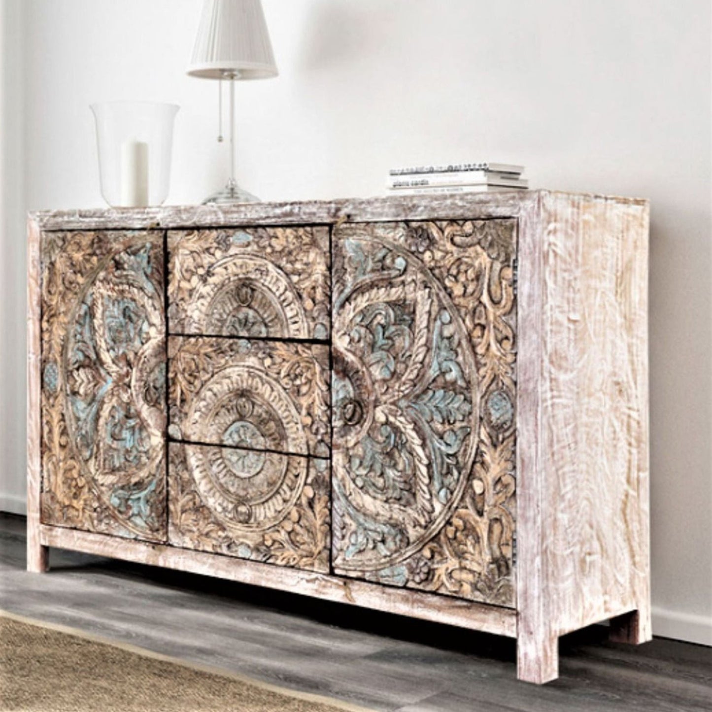 Oring Hand - Carved Solid Mango Wood Buffet Table – Indian - Style Carved Sideboard – handcrafted solid wood furniture