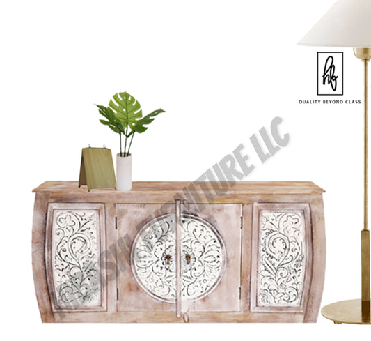 DASMA White Floral Doors Rustic Large Sideboard Cabinet