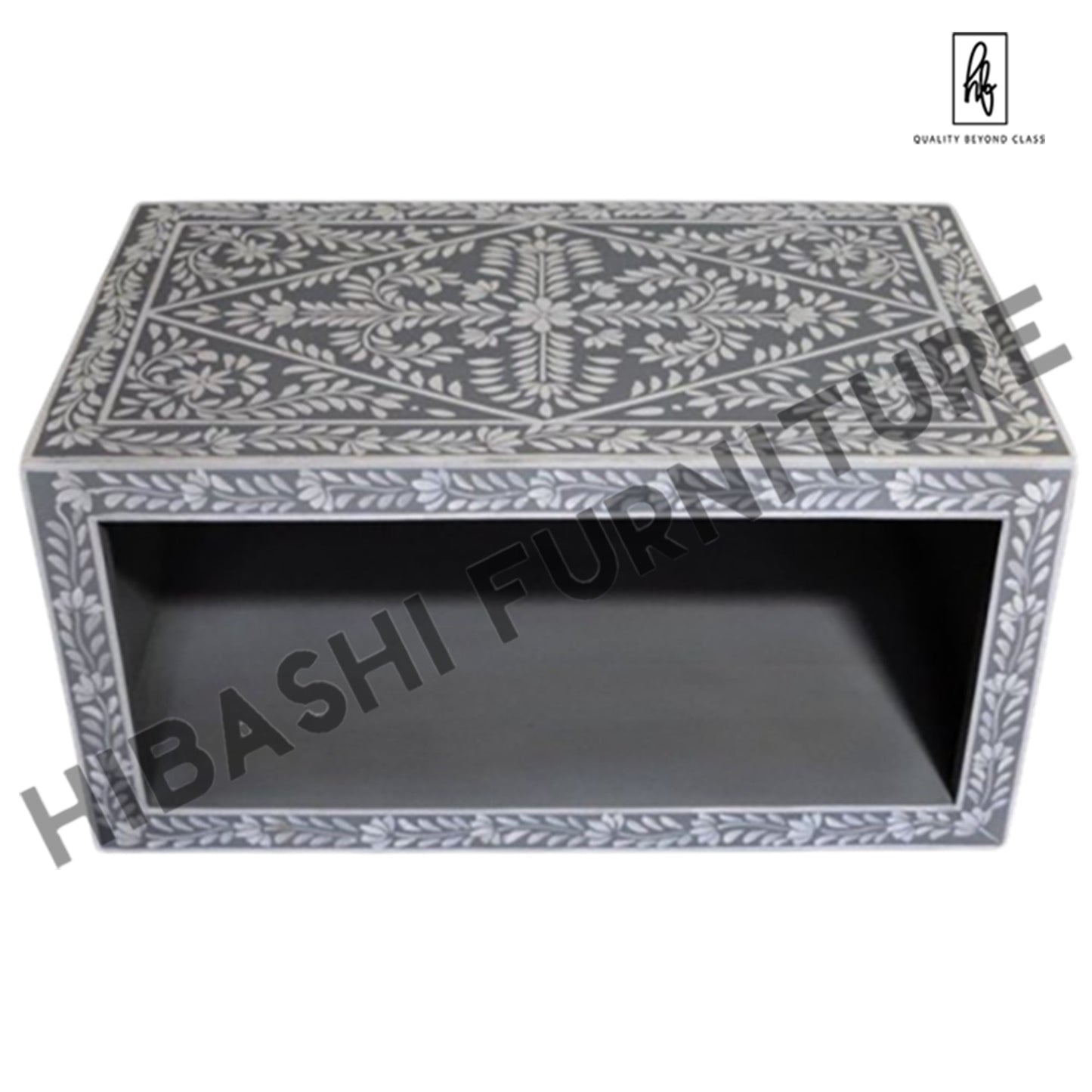 Pandora Bone inlay Gray Floral Coffee Table – handcrafted solid wood furniture