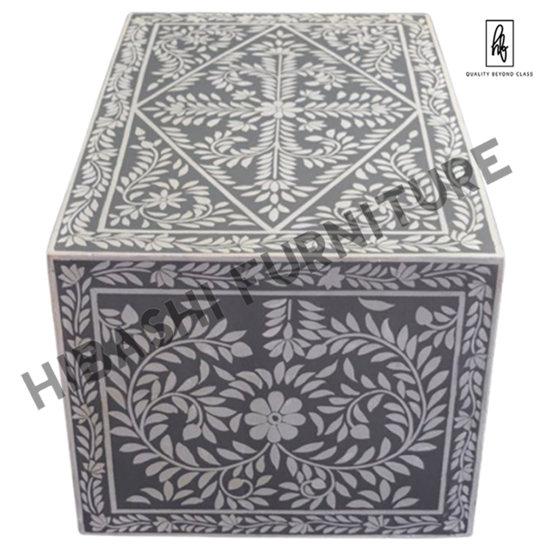 Pandora Bone inlay Gray Floral Coffee Table – handcrafted solid wood furniture