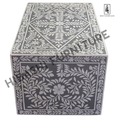 Pandora Bone inlay Gray Floral Coffee Table – handcrafted solid wood furniture