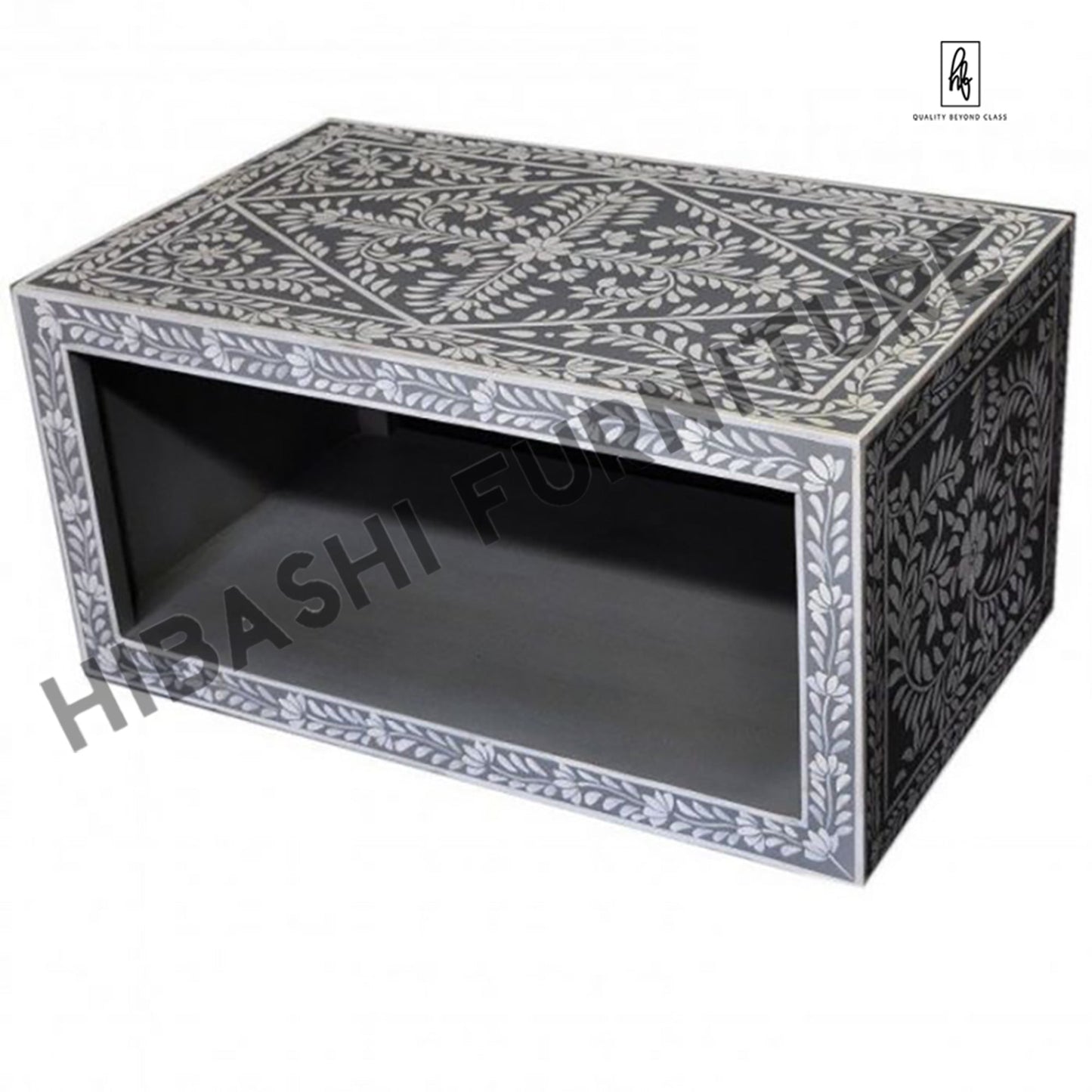 Pandora Bone inlay Gray Floral Coffee Table – handcrafted solid wood furniture