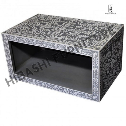 Pandora Bone inlay Gray Floral Coffee Table – handcrafted solid wood furniture