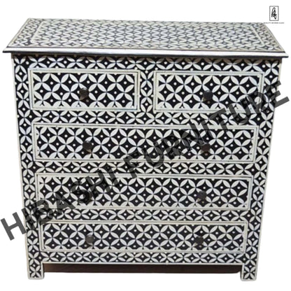 Pandora Bone Inlay Reclaimed Wood Tallboy Chest of 5 Drawers – handcrafted solid wood furniture