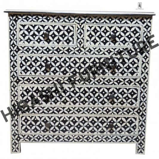 Pandora Bone Inlay Reclaimed Wood Tallboy Chest of 5 Drawers – handcrafted solid wood furniture