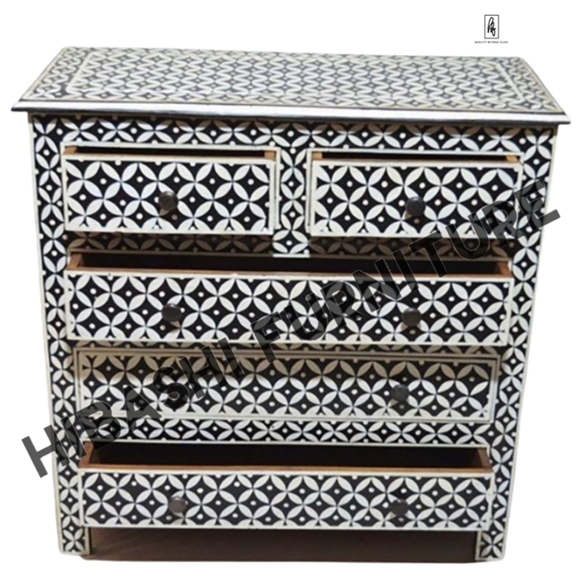 Pandora Bone Inlay Reclaimed Wood Tallboy Chest of 5 Drawers – handcrafted solid wood furniture