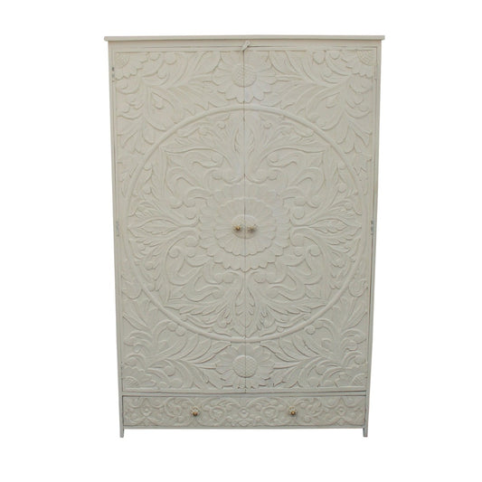 Indian Hand Carved Floral Design Solid Wooden Wardrobe/ Armoire