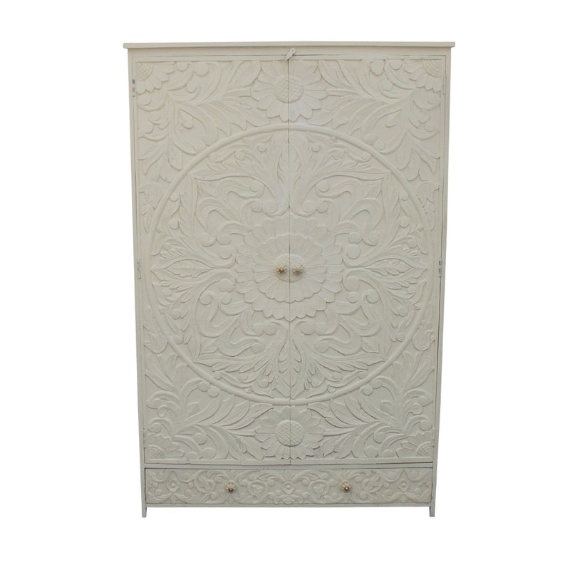 Indian Hand Carved Floral Design Solid Wooden Wardrobe/ Armoire