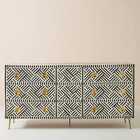 Bone Inlay Handmade Dresser of Drawer Black and white color with 9 drawers