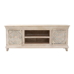 EVA Hand-carved Solid Wood White Distressed TV Media Stand