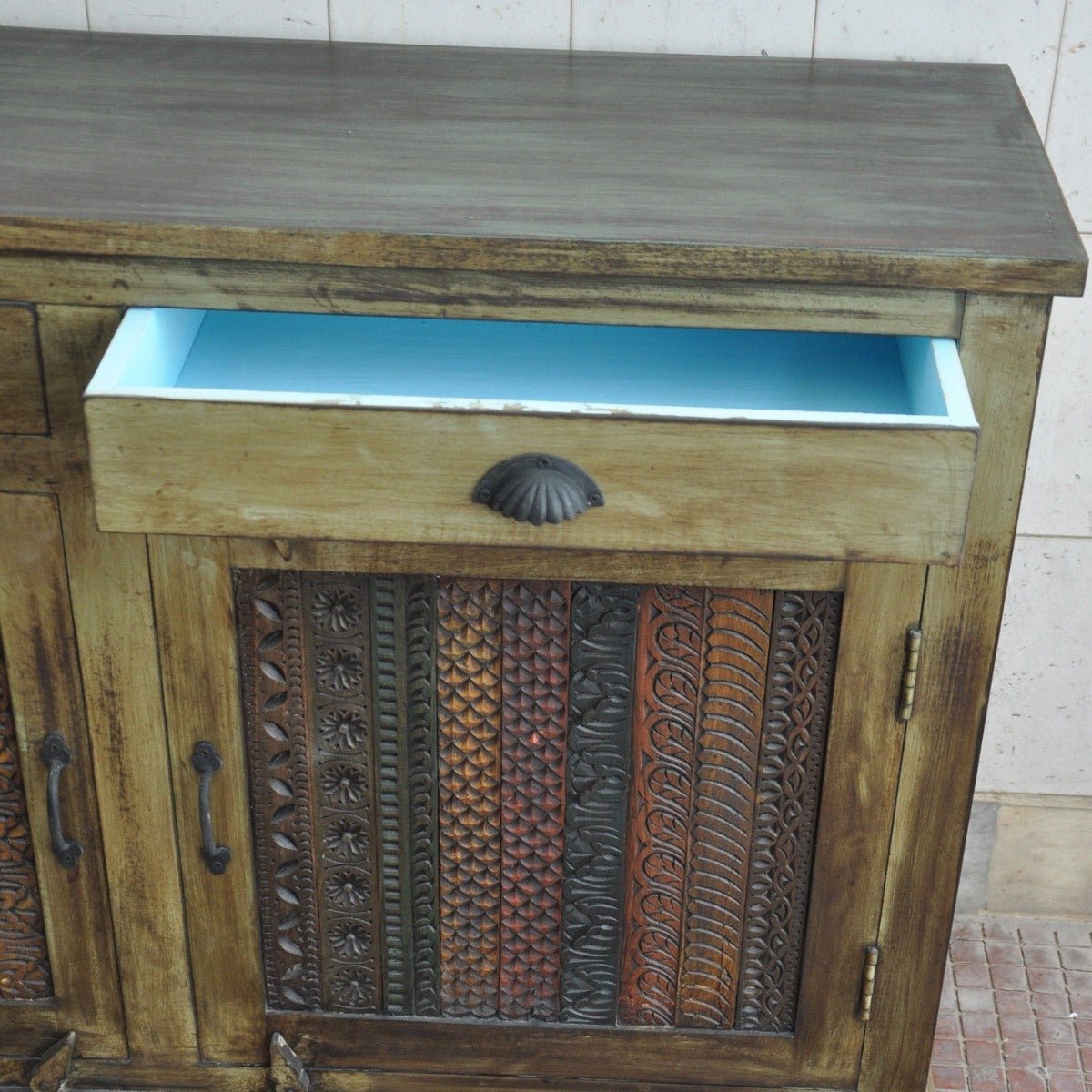 RAINBOW CARVED 3 DOOR WOODEN SIDEBOARD - Green - 180 - 40 - 90 – handcrafted solid wood furniture