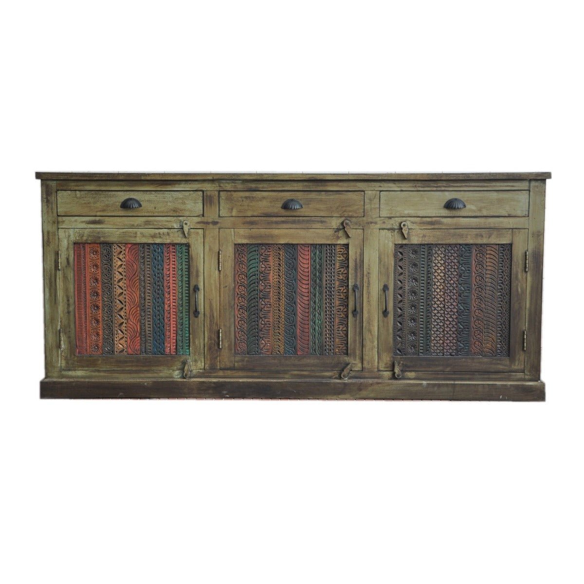 RAINBOW CARVED 3 DOOR WOODEN SIDEBOARD - Green - 180 - 40 - 90 – handcrafted solid wood furniture