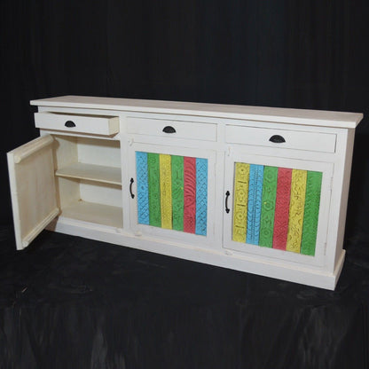 RAINBOW CARVED 3 DOOR WOODEN SIDEBOARD - White - 180 - 40 - 90 – handcrafted solid wood furniture
