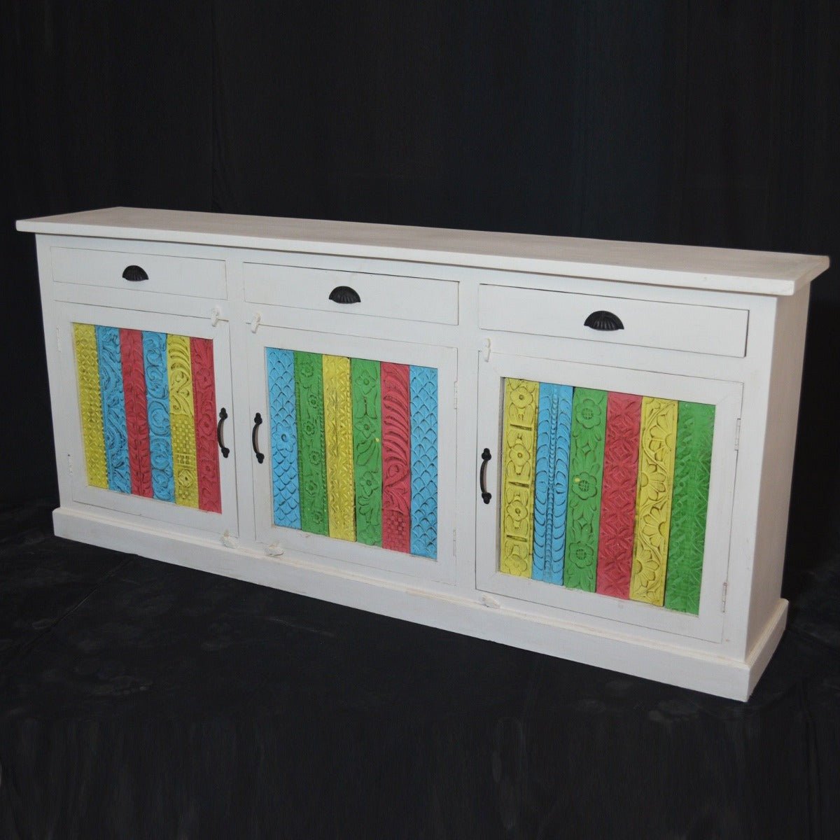 RAINBOW CARVED 3 DOOR WOODEN SIDEBOARD - White - 180 - 40 - 90 – handcrafted solid wood furniture