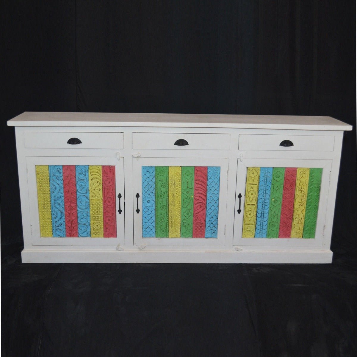 RAINBOW CARVED 3 DOOR WOODEN SIDEBOARD - White - 180 - 40 - 90 – handcrafted solid wood furniture