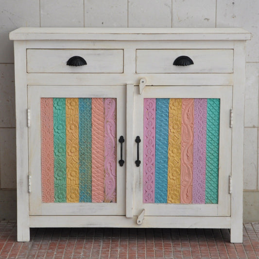RAINBOW CARVED 2 DOOR WOODEN SIDEBOARD-White-100-40-90