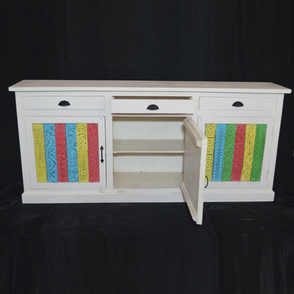 RAINBOW CARVED 3 DOOR WOODEN SIDEBOARD-White-180-40-90
