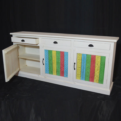 RAINBOW CARVED 3 DOOR WOODEN SIDEBOARD-White-180-40-90
