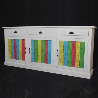 RAINBOW CARVED 3 DOOR WOODEN SIDEBOARD-White-180-40-90