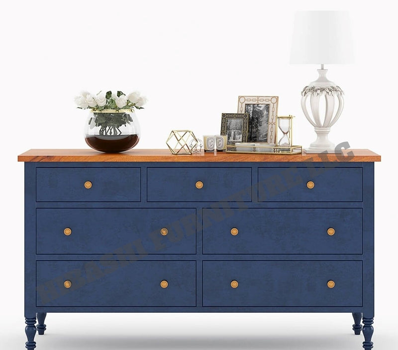 RECTO Blue Two Tone Solid Wood 7 Drawer Bedroom Dresser
