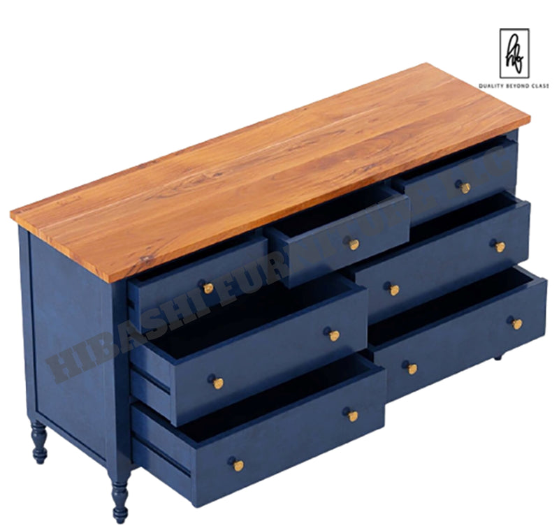 Cómoda de dormitorio con 7 cajones de madera maciza bicolor azul RECTO