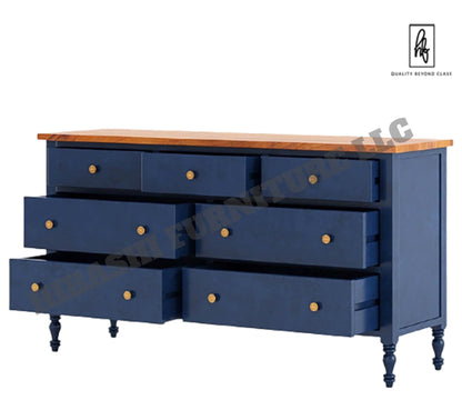 RECTO Blue Two Tone Solid Wood 7 Drawer Bedroom Dresser – handcrafted solid wood furniture