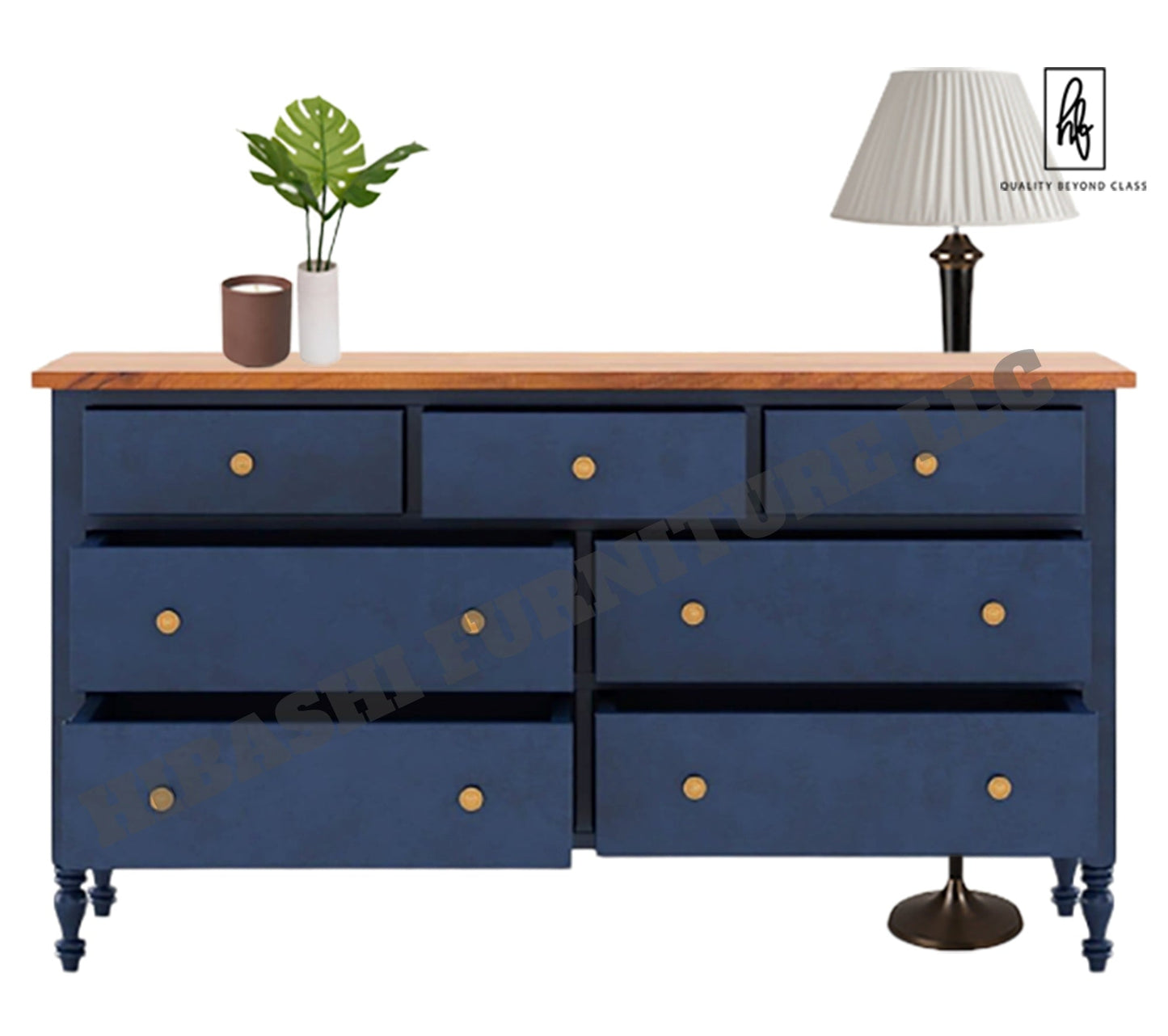 RECTO Blue Two Tone Solid Wood 7 Drawer Bedroom Dresser – handcrafted solid wood furniture