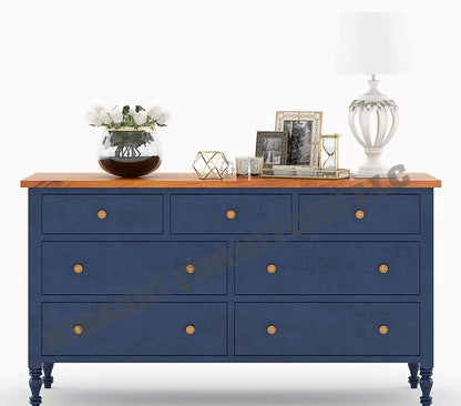 RECTO Blue Two Tone Solid Wood 7 Drawer Bedroom Dresser – handcrafted solid wood furniture
