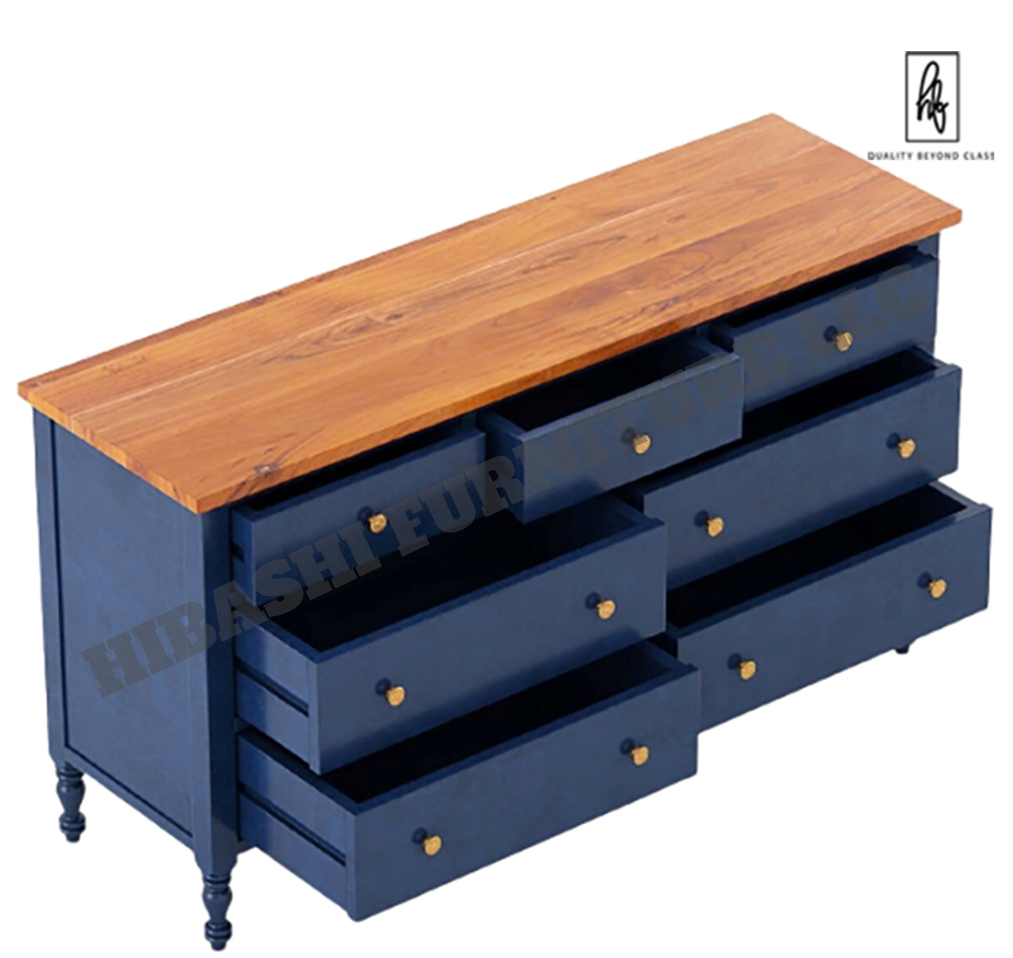 RECTO Blue Two Tone Solid Wood 7 Drawer Bedroom Dresser – handcrafted solid wood furniture