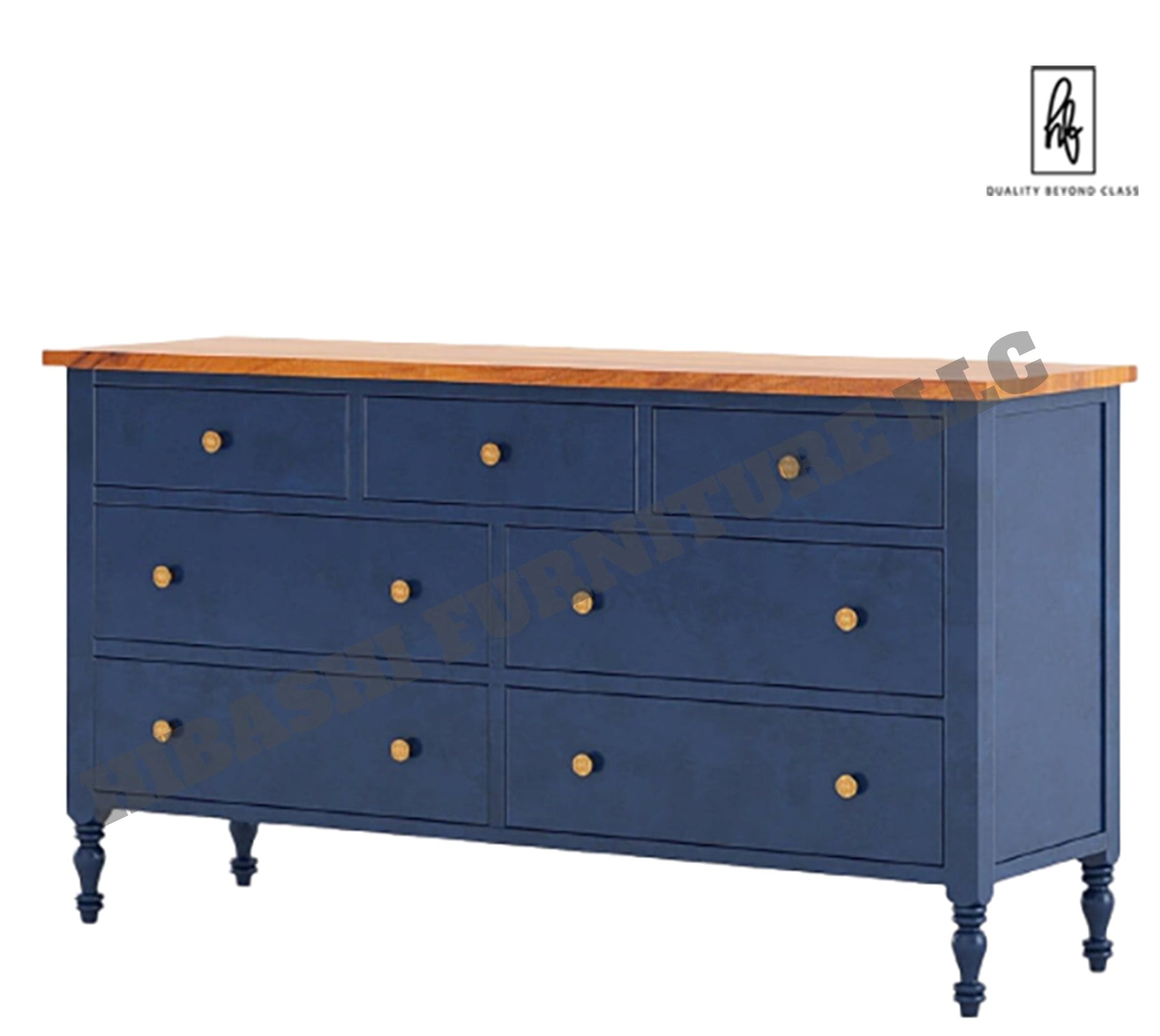 RECTO Blue Two Tone Solid Wood 7 Drawer Bedroom Dresser – handcrafted solid wood furniture