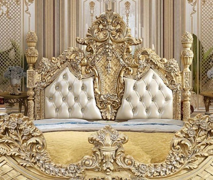 Reyna Metallic Antique Gold & Faux Leather King/Queen Traditional Bed – handcrafted solid wood furniture