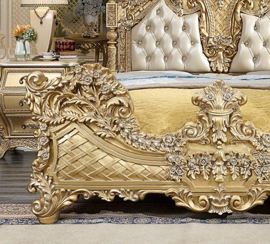 Reyna Metallic Antique Gold & Faux Leather King/Queen Traditional Bed – handcrafted solid wood furniture