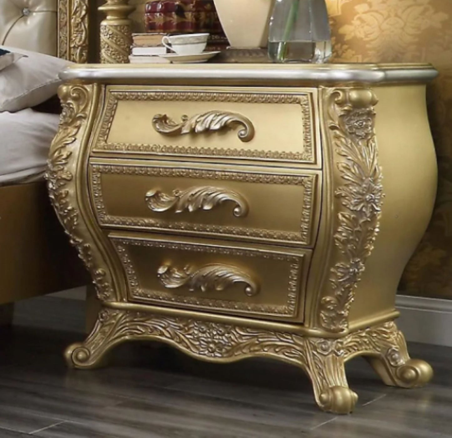 Reyna Metallic Antique Gold Traditional Night Stand – handcrafted solid wood furniture