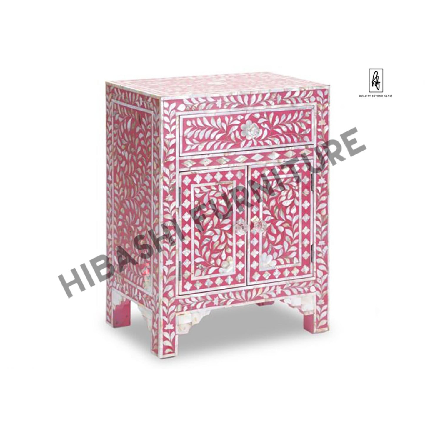 Rustic Floral Bone Inlay Handmade Bedside Table – handcrafted solid wood furniture