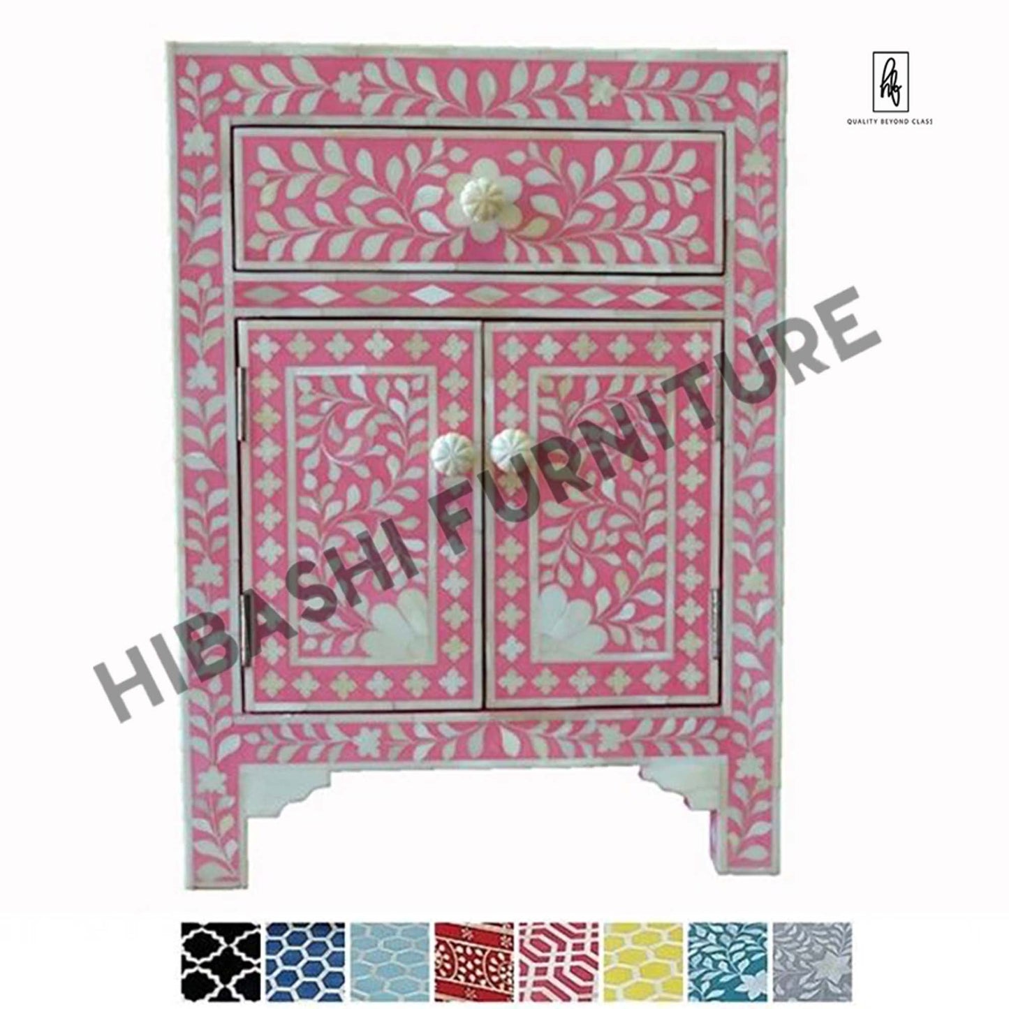 Rustic Floral Bone Inlay Handmade Bedside Table – handcrafted solid wood furniture