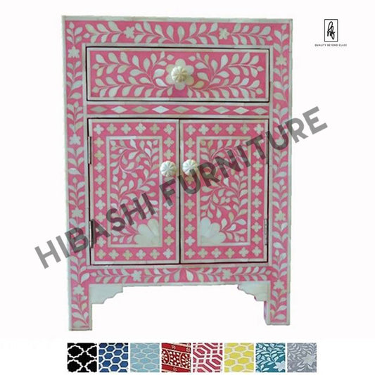Rustic Floral Bone Inlay Handmade Bedside Table – handcrafted solid wood furniture