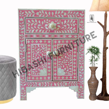 Rustic Floral Bone Inlay Handmade Bedside Table – handcrafted solid wood furniture