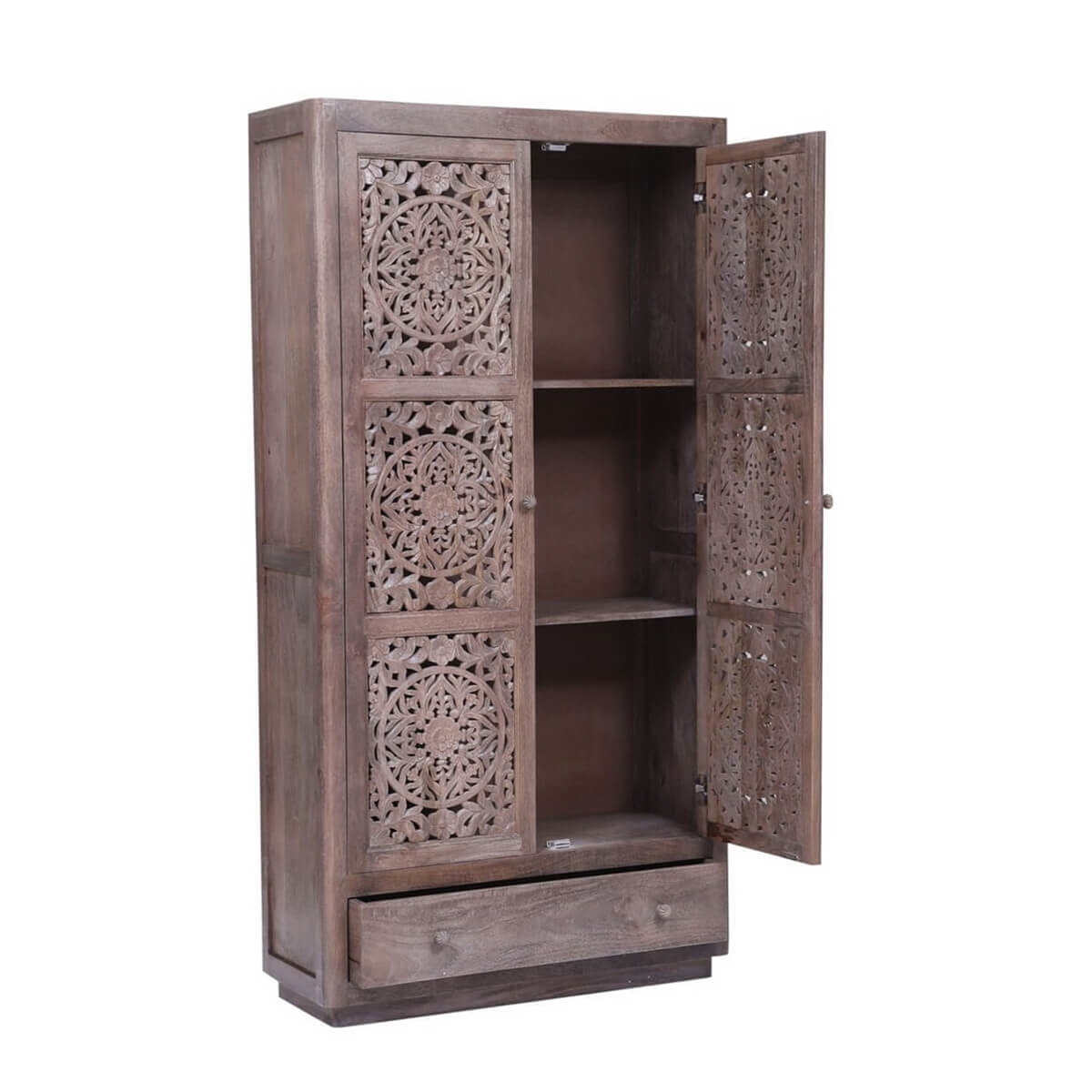 Rustic Hand carved Reclaimed Wood Armoire w Shelves And Drawer – handcrafted solid wood furniture